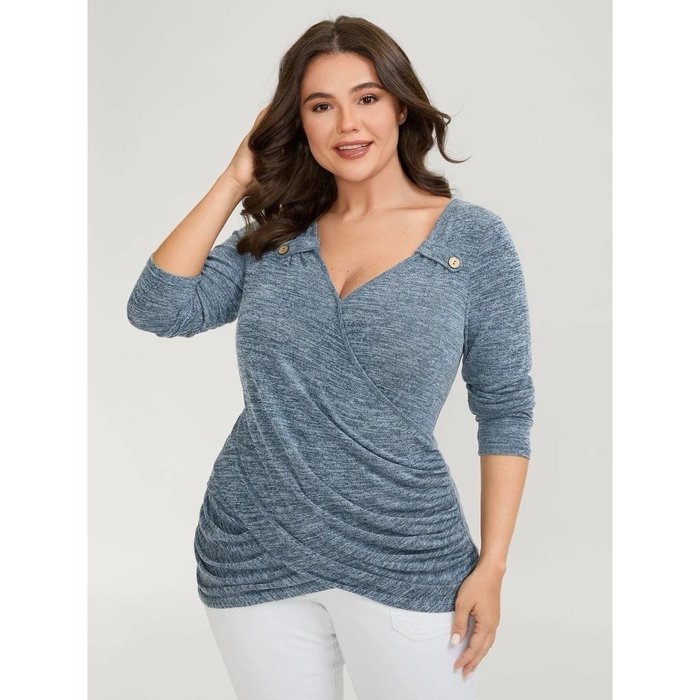 BloomChic Gray Wrap‎ Top Women's 28 Plus Cinched Ruched Stretch Long Sleeve